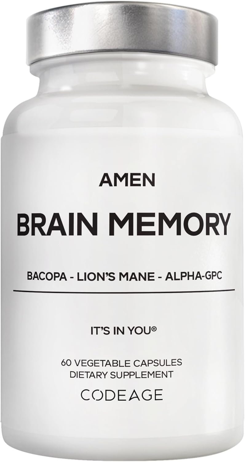 Amen Brain Memory Supplement- Bacopa, Lion’s Mane, Alpha-GPC, Citicoline, Phosphatidylserine, Rhodiola, Ginkgo, BioPerine, Huperzine A – NSF Certified Cognition & Mind Vitamins, Non-GMO – 60 Capsules