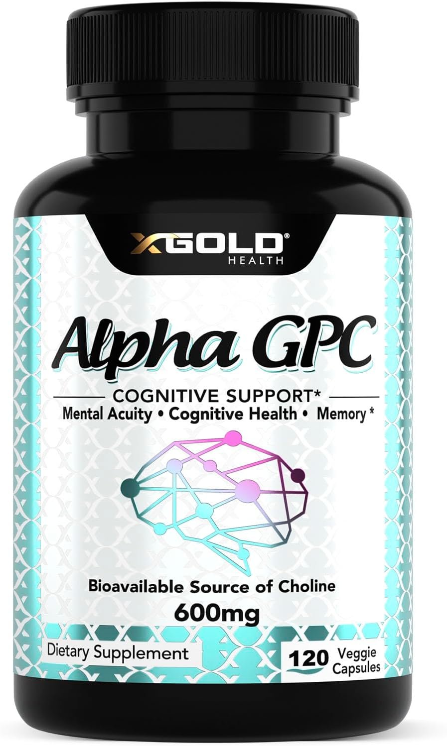 X Gold Health Alpha GPC Choline 600mg, Pure Nootropic Supplement, 120 Veggie Capsules, Cognitive Enhancer for Memory, Brain Health & Focus