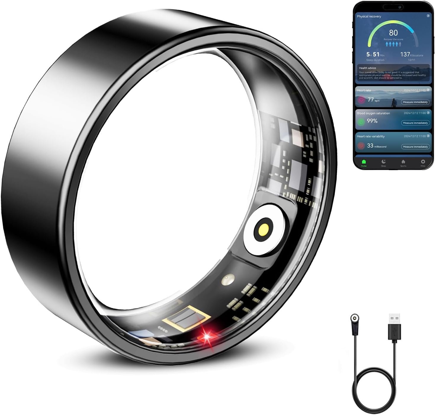 Mirlray Smart Ring for Women & Men, Smart Ring Health Tracker, Blood Oxygen & Heart Rate Monitor, Long Lasting Battery Sleep Ring, Waterproof Fitness Ring (Black, 7)