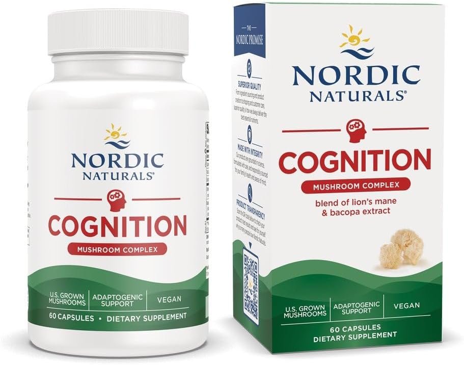 Nordic Naturals Cognition Mushroom Complex, Unflavored – 60 Capsules – Brain, Memory & Mood Support – Blend of Lion’s Mane Mushroom & Bacopa Extract – Non-GMO – Certified Vegan – 30 Servings