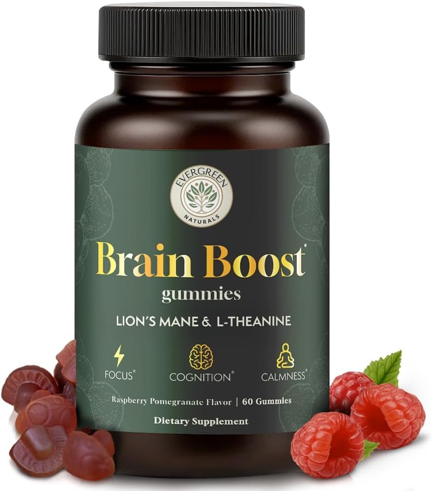 Lion’s Mane Mushroom Gummies 10:1 Extract with L-Theanine 200mg – Nootropic Cognitive Support for Focus, Memory & Calm Energy – Vegan, Non-GMO, Gluten-Free – Pomegranate Raspberry Flavor – 60 Count