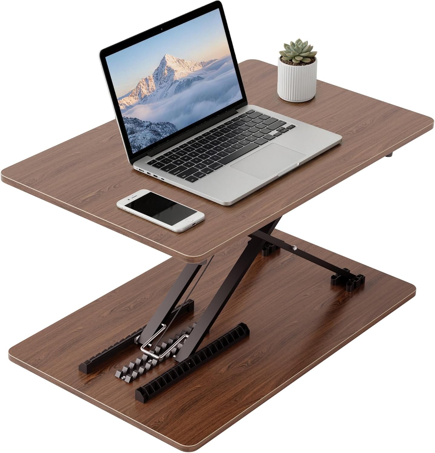 Standing Desk Converter Adjustable Height, 25.16″ × 15.75″ Height Adjustable Desktop Riser, No Assembly Required, Desktop Workstation for Laptop, Monitor and Office Use (Natural Wood) (Natural)