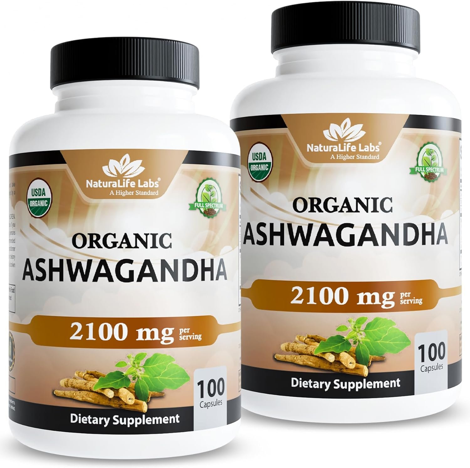 NaturaLife Labs Organic Ashwagandha 2100 mg per Serving – Full Spectrum Root Powder and Standardized Extract (Withanolides) – 100 Capsules – Vegan – Non-GMO, Gluten-Free (2 Pack)