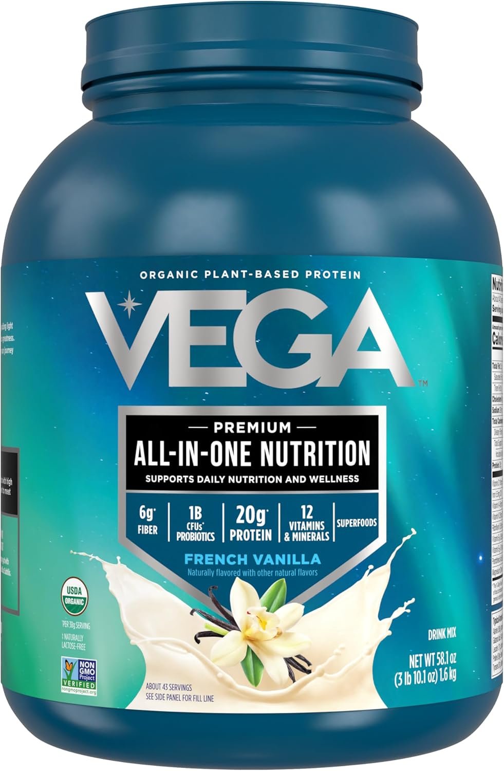 Vega All in One Nutrition Organic – 20g Plant-Based Pea Protein, French Vanilla, 43 Servings, Vitamins A & C, Probiotics, Greens, Vegan, Keto, Gluten Free, 3.63lbs (Packaging May Vary)