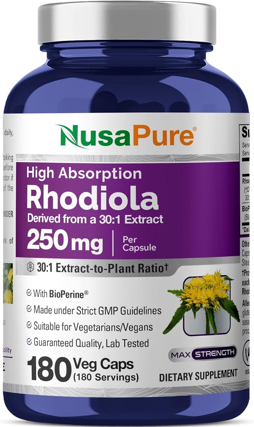 NusaPure Rhodiola Rosea Capsules, 250 mg, 180 Veg Capsules (Non-GMO, Vegan)