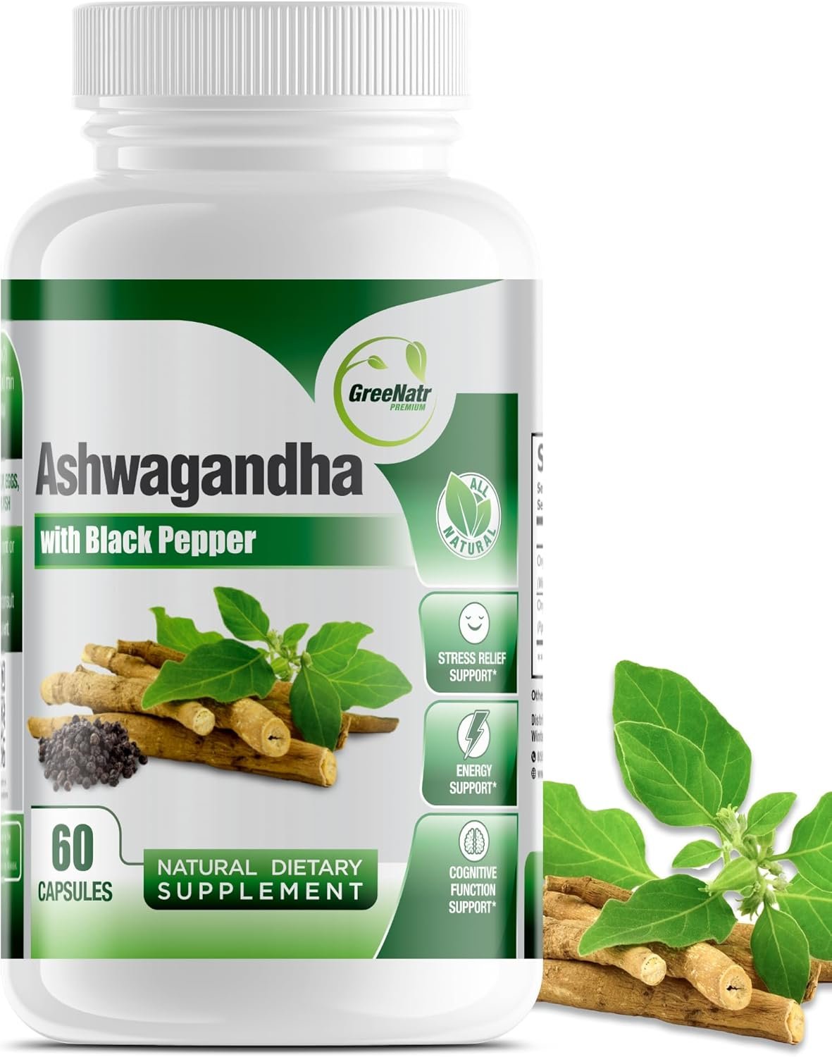 GreeNatr Organic Ashwagandha Capsules with Black Pepper for Enhanced Absorption – Mood Enhancer with Energy and Cognitive Function – 1300 mg Veggie Capsules (1 Bottle)