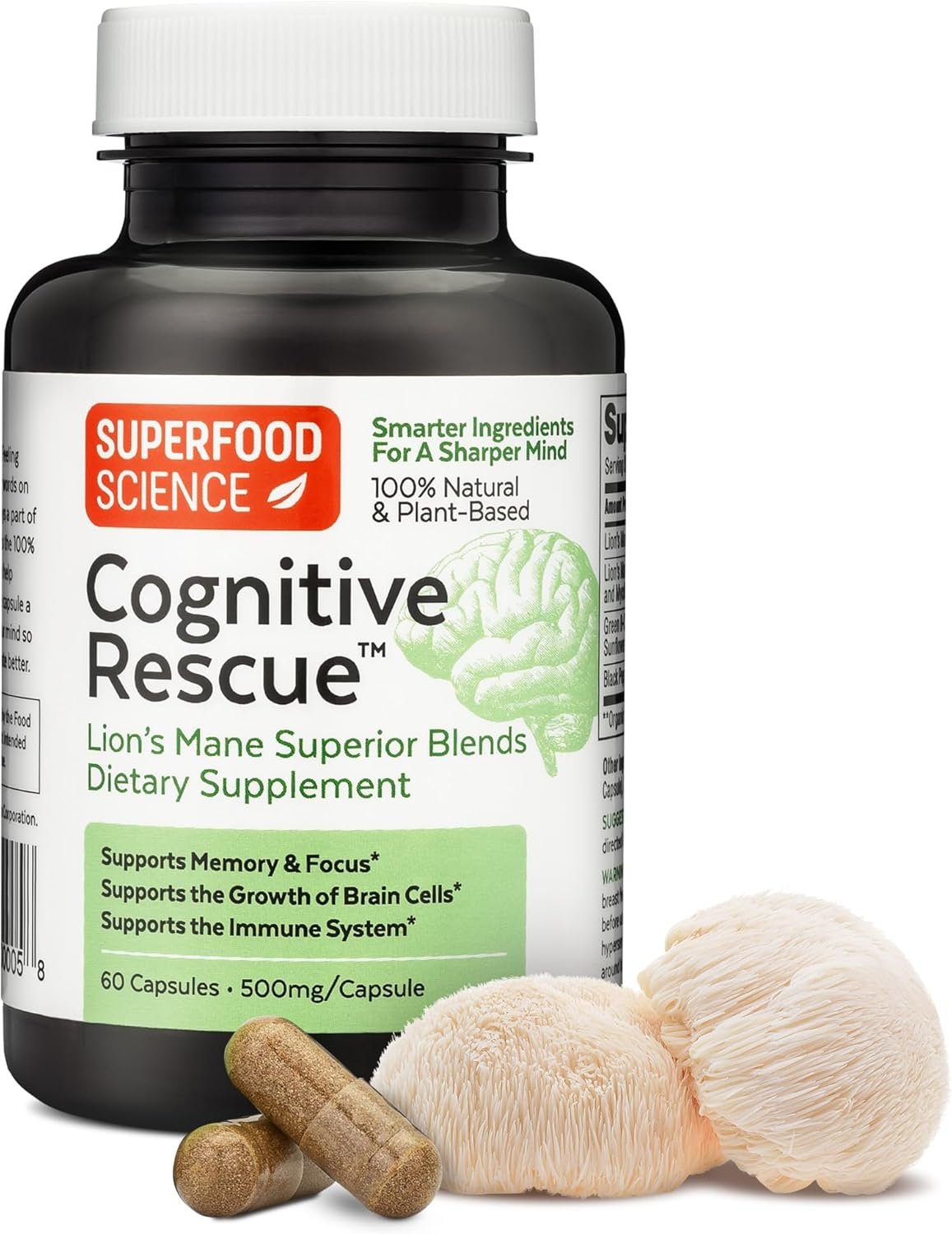 Cognitive Rescue, Lion’s Mane Mushroom Capsules w/ Lion’s Mane Dual Extract, Nootropics, Brain Supplement for Memory and Focus, Mushroom Immune Support w/ B Vitamins Complex, BioPerine, 60 capsules