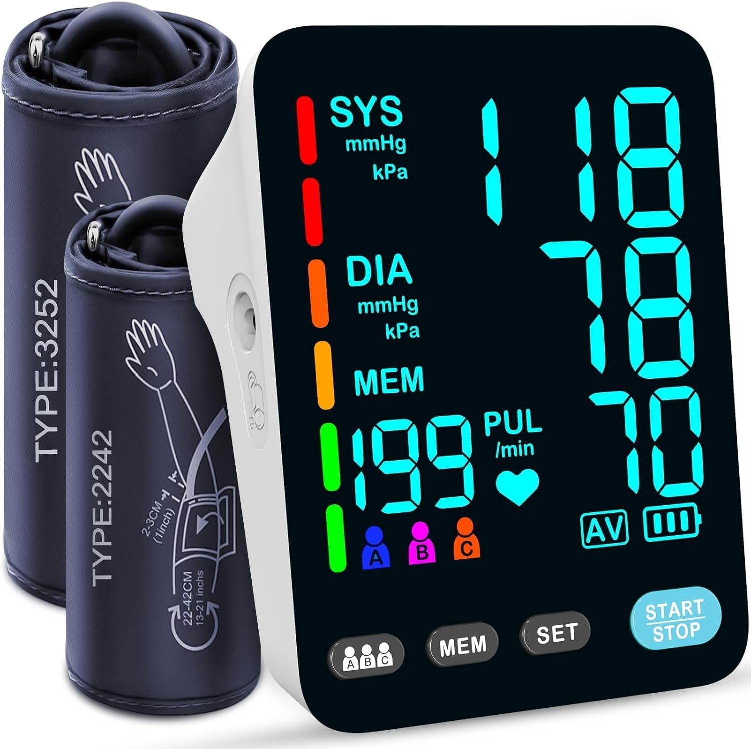 Blood Pressure Monitor, Automatic Upper Arm Blood Pressure Monitors for Home Use, 2 Blood Pressure Machine Cuff(9-17in & 13-21in) with Large LED Backlit Display, 3×199 Reading Memory Users White