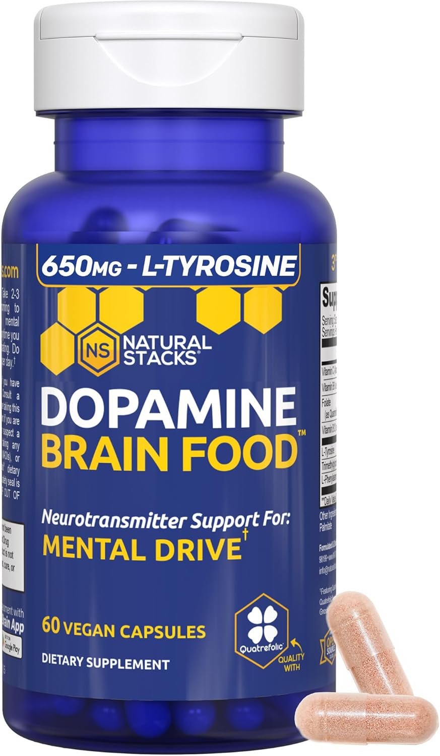 NATURAL STACKS Dopamine Brain Food – 650mg L-Tyrosine Supplement – Dopamine Supplement for Focus & Mental Drive – Supports Mental Energy – Neurotransmitter Support with B Vitamins – 60 Capsules