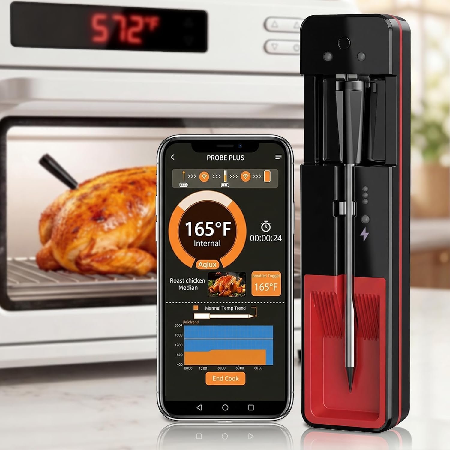 ±0.5°F Accuracy Shows Real-Time Temp Wireless Meat Thermometer: Smart 900ft Bluetooth Keeps Connection Across Wall – Meat Probe Withstands Max 572°F Heat Oven Safe Easy Setup App for BBQ Smoker Grill