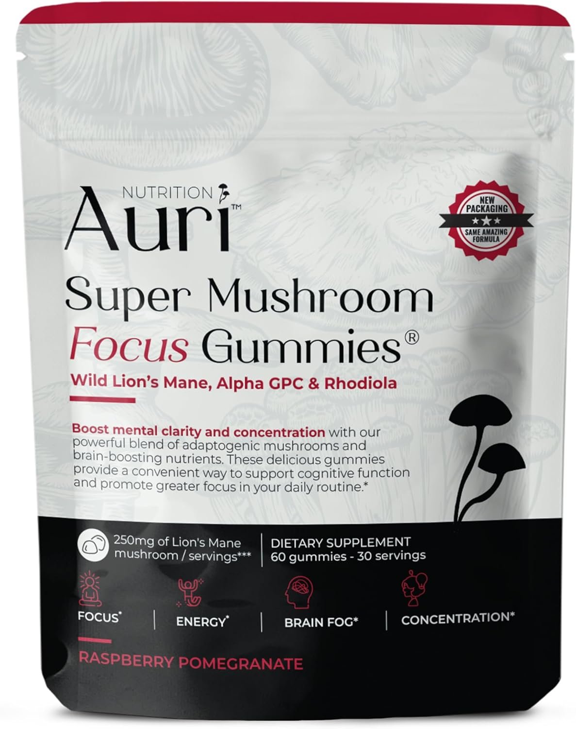 Auri Nutrition Super Mushroom Focus Gummies w/Lion’s Mane, Alpha GPC & Rhodiola – Mushroom Supplement to Support Cognitive Function, Mental Clarity, Focus & Energy, 60 Gummies, Vegan Friendly, Non GMO