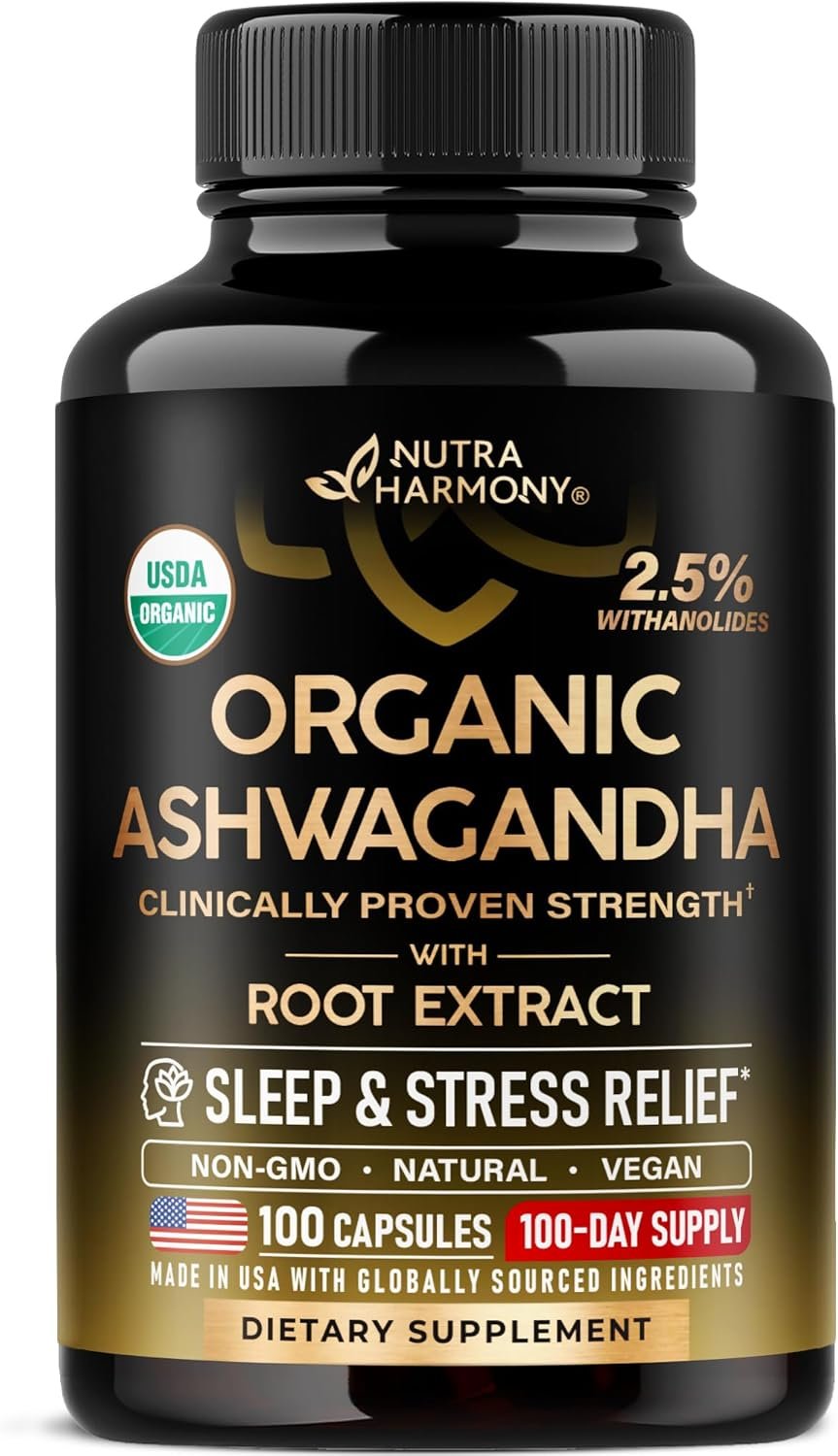 Ashwagandha Supplements 1800mg – USDA Organic Ashwagandha for Women & Men – Clinically Effective Strength for Stress Relief & Sleep – Powder & Root Extract 2.5% Withanolides – Made in USA 100 Capsules