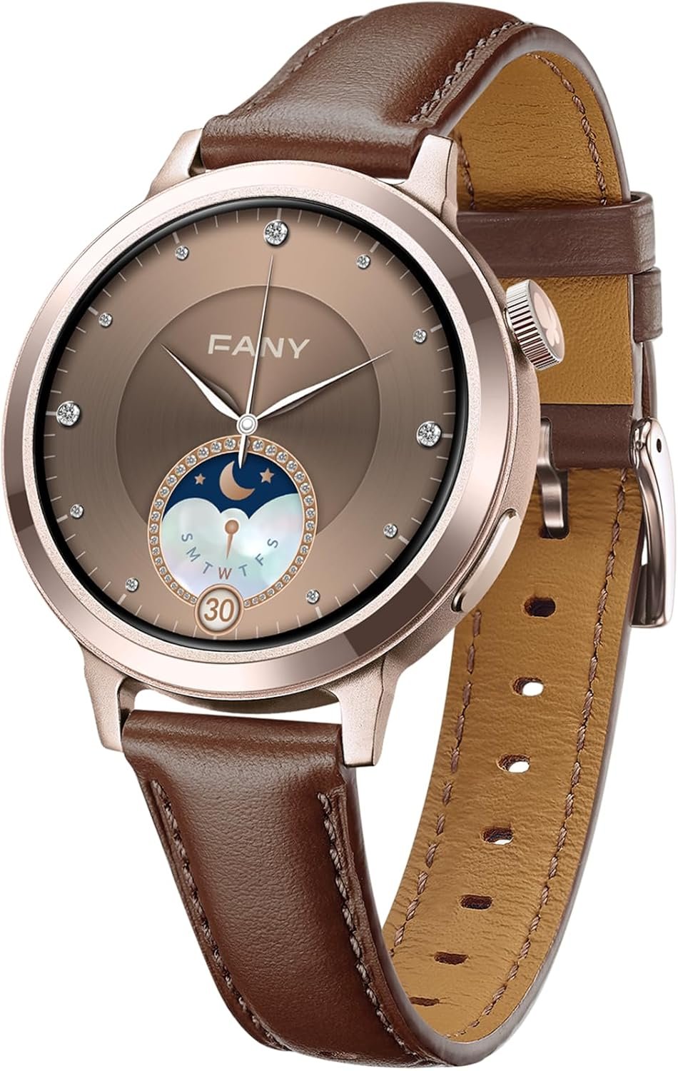 FANY Luna Smart Watch for Women, 1.1” AMOLED Ultra-clear Display with Aluminum Case & Leather Band, Fitness Tracker Sleep/Heart Rate/SpO2/Step Monitor, 110+ Exercise Modes, FANY See the Vibe