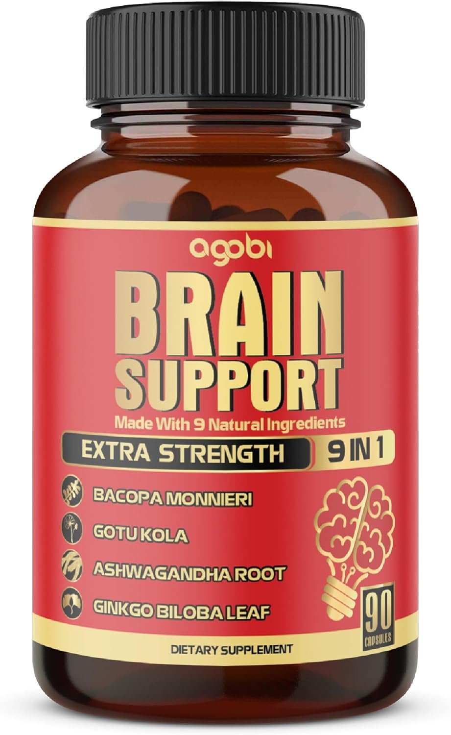9in1 Brain Support Supplement – Concentrated Ashwagandha Root, Gotu Kola Powder, Bacopa Monnieri Powder and More – 90 Capsules – 3 Months Supply