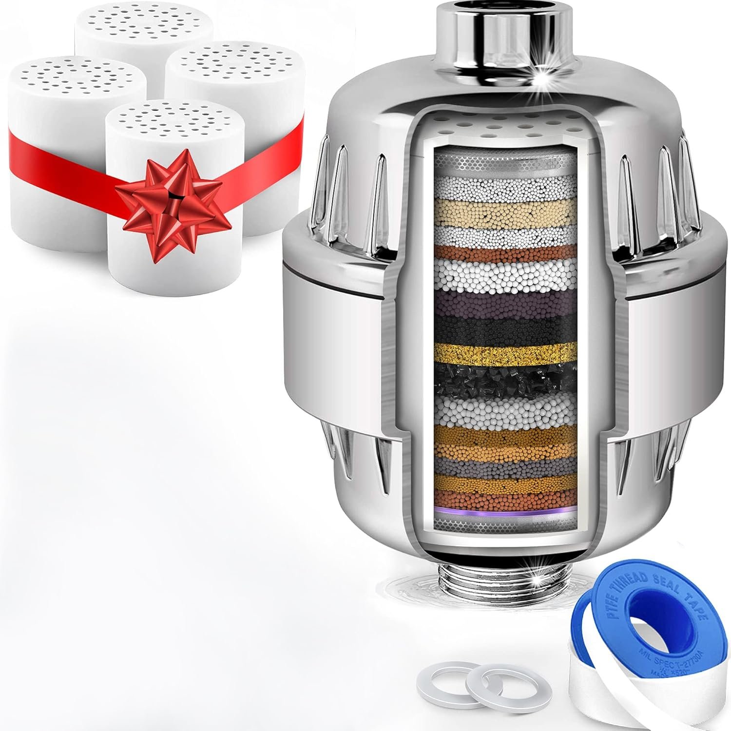 AquaHomeGroup 20 Stage Shower Filter with Vitamin C E and A – Reduces Chlorine, Heavy Metals and Sediment – 5 Cartridges Included – High Pressure – Universal Fit