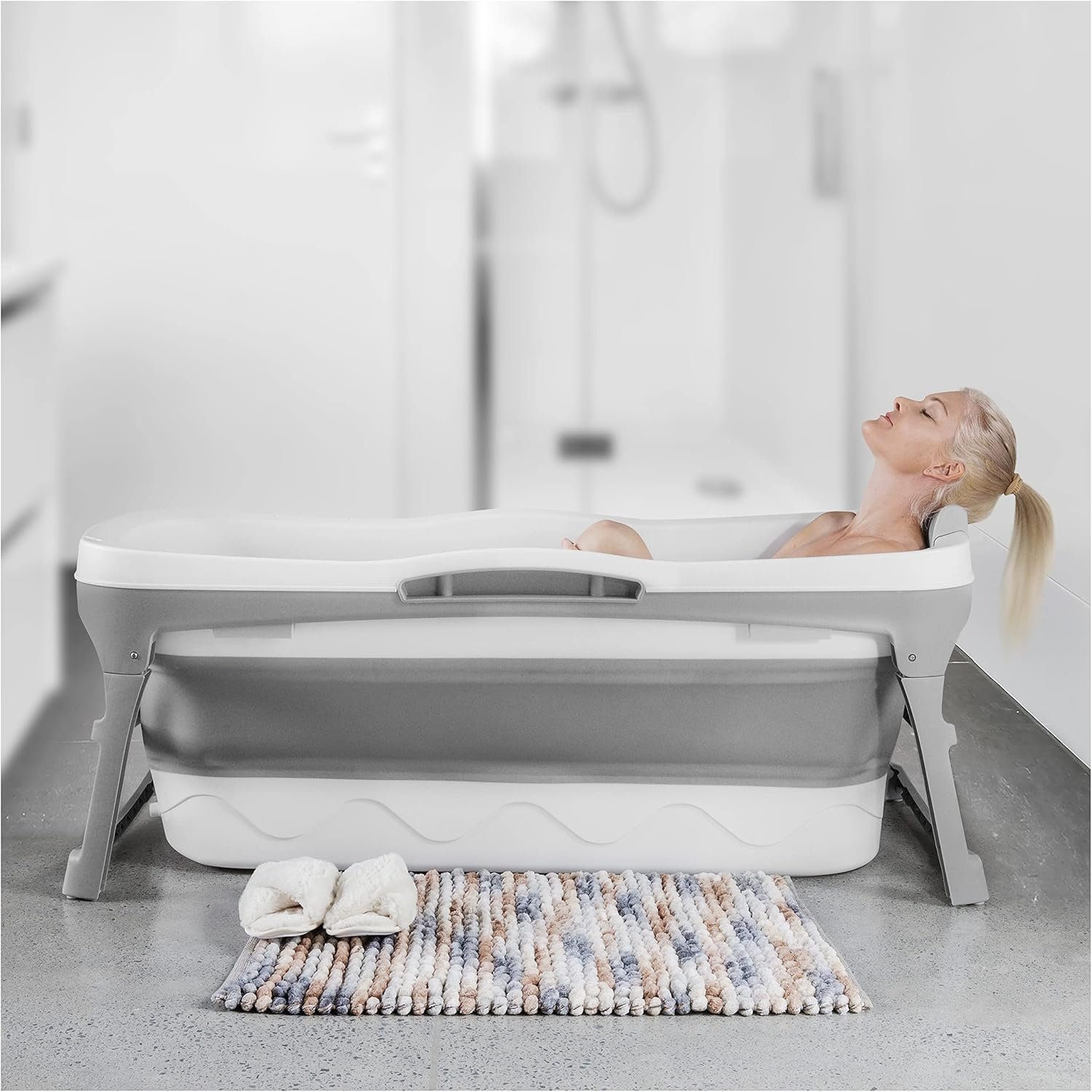Portable Bathtub for Adult- Extra Large 56″ Foldable Collapsible tub. Ergonomically Designed for the Ultimate Relaxing Soaking Bath, Ice Bath. Ideal for Small Spaces, Quick, Effortless Folding Bathtub