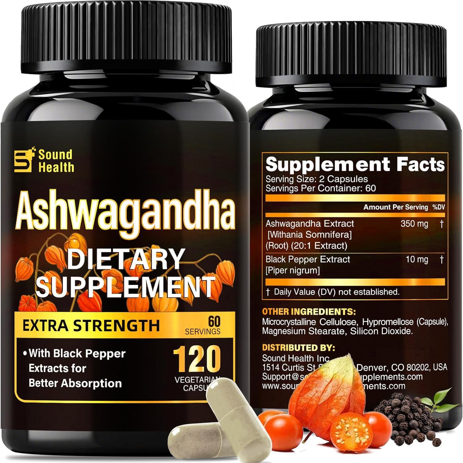 SoundHealth Organic Ashwagandha Capsules Supplement – 120 Capsules (60 Servings)