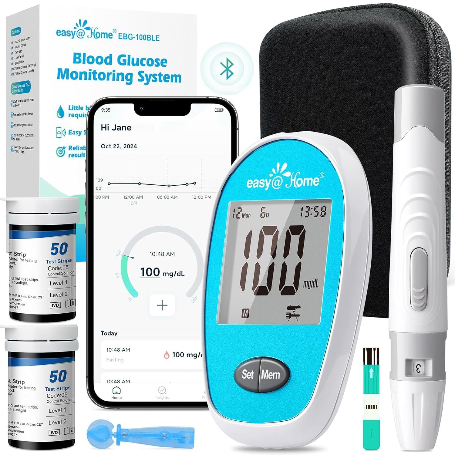 Easy@Home Wireless Glucose Monitor Kit – Blood Sugar Testing Kit with Free App GlucoseEase Includes 100 Glucometer Strips and 100 Blood Lancets, Large Display Diabetes Testing Kit