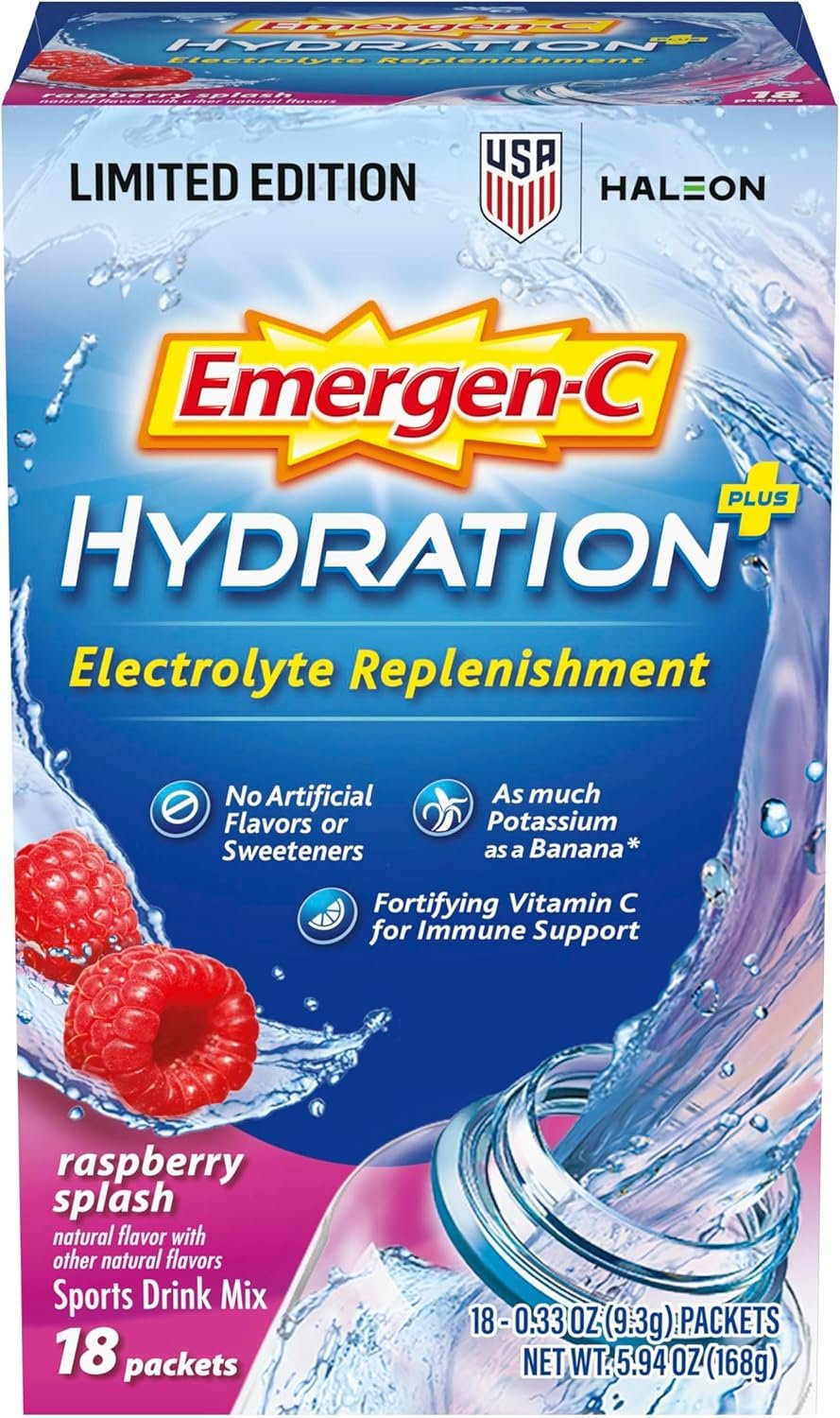 Emergen-C Hydration+ Sports Electrolyte Replacement Sports Drink Mix Powder with Vitamin C, Raspberry Splash Flavor, Back to School Essentials – 18 – 0.33 oz On The Go Packets