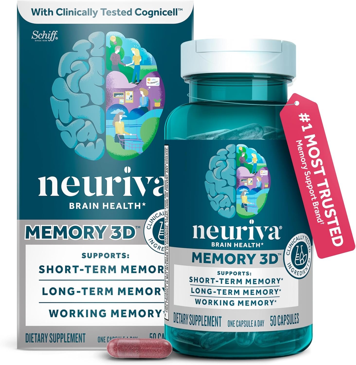 NEURIVA Memory 3D Brain Supplement – Nootropic Capsules for Memory, Focus & Cognitive Function – Short Term, Long Term, & Working Memory Support – 50ct (1)