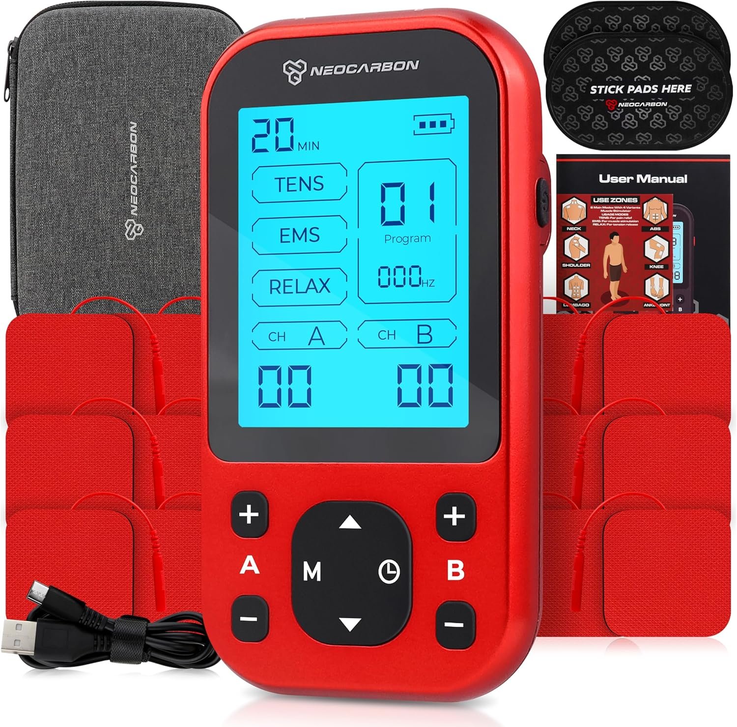 NEOCARBON TENS Unit Muscle Stimulator Pro for Back Pain Relief, Shoulder Recovery and Physical Therapy, Electronic EMS Massager Machine with PMS Pulse for Effective Shock Therapy, Red