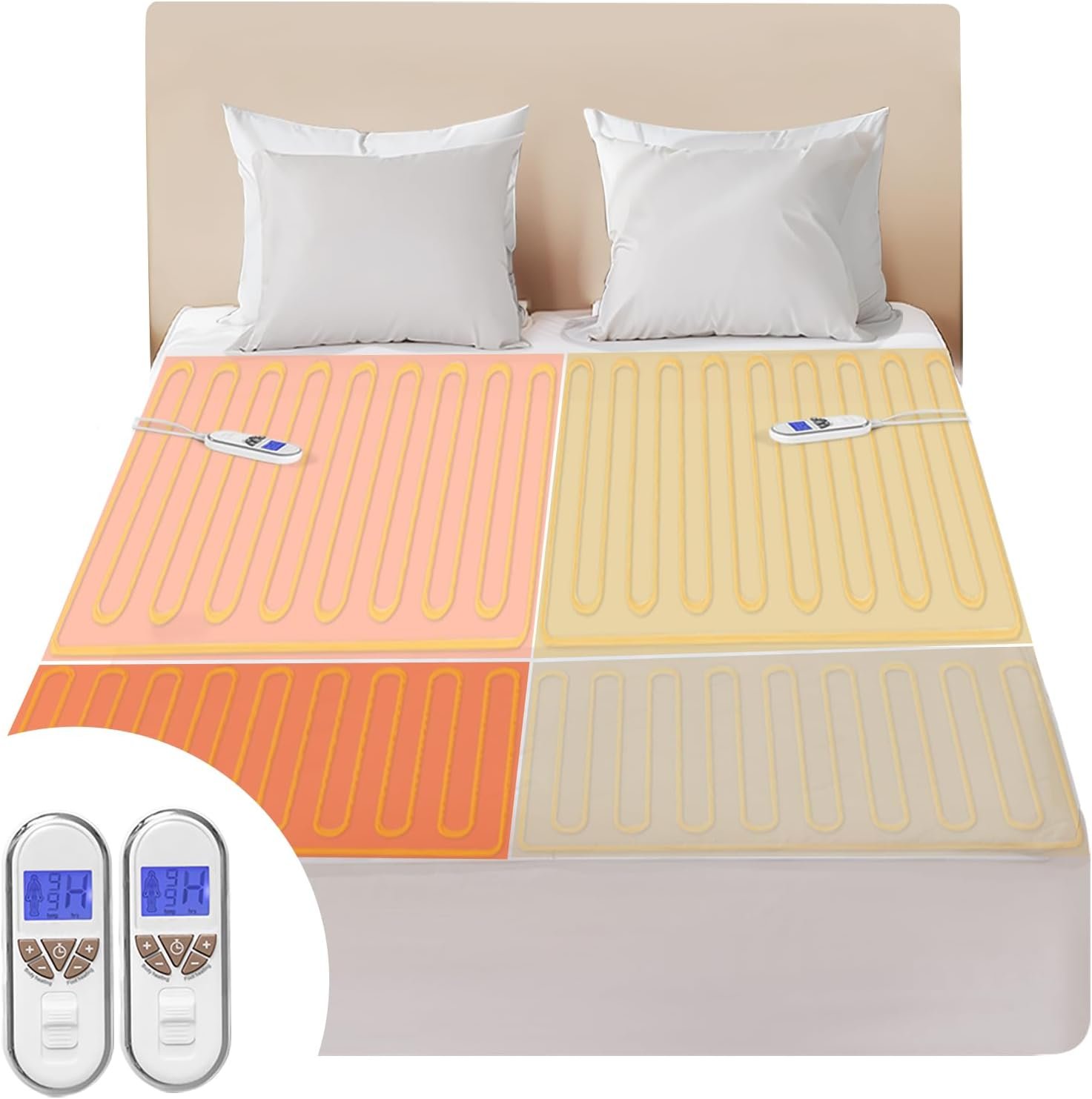 Bwarm Premium Multi-Zone Electric Heated Mattress Pad King Size, 78″ x 80″, Dual Controllers, 9 Heat Settings, 1-12 Hours Auto Off, Individual Body and Feet Settings, Machine Washable