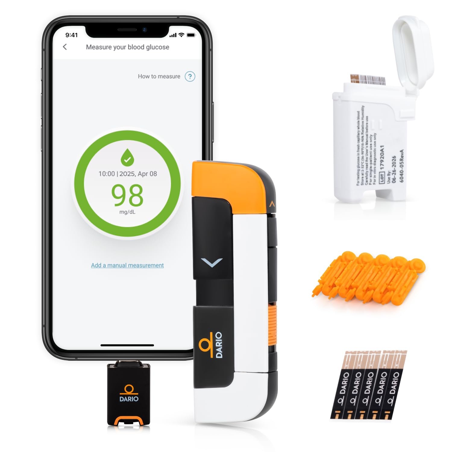 DARIO Smart Glucose Monitor Kit | USB-C Port (Compatible with Android devices only) | Test Blood Sugar Levels & Manage Diabetes, Testing Kit Includes: Glucometer with 25 Strips, 10 Sterile lancets