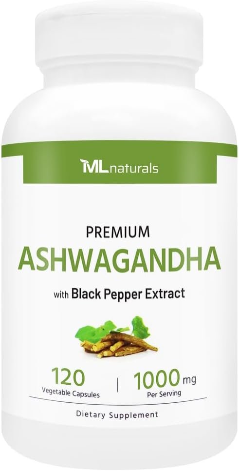 ML Naturals Organic Ashwagandha Powder 600mg, Ashwagandha Extract 400mg, Black Pepper Extract 10mg (Per Serving) 120 Vegetable Capsules