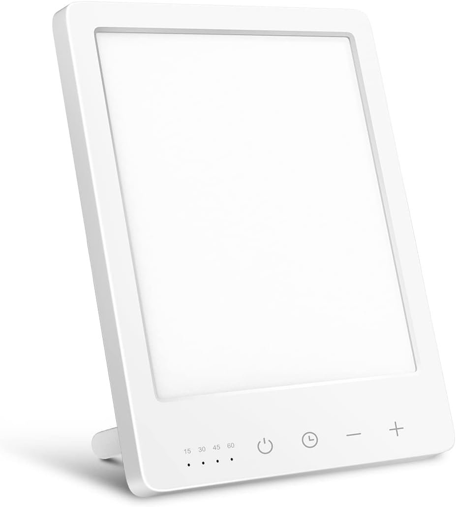 EasyHome Light Therapy Sun Lamp 10000 Lux LED Energy with 10 Adjustable Brightness Dual Color Temperature Adjustment White Warm Light 4 Timer and Memory Function