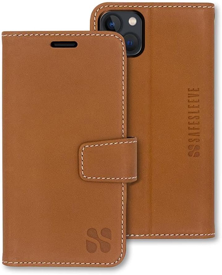SafeSleeve Wallet Leather Case for iPhone 14 EMF Blocker for Cell Phone with 3 Card Slot, Protective Design, and Built-in Adjustable Stand for Hands-Free Viewing, Suitable for Men and Women (Leather)
