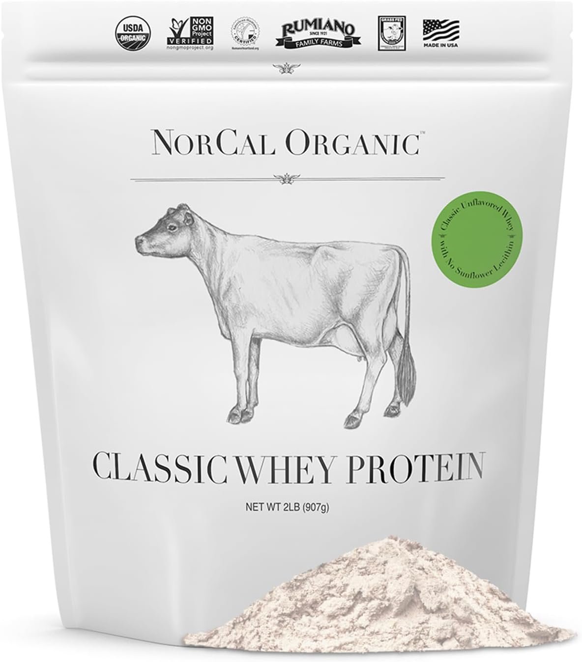 NorCal Organic – Classic Whey Protein – 100% Grass-Fed and Grass-Finished – UNFLAVORED – Lecithin-Free – 2lb Bulk
