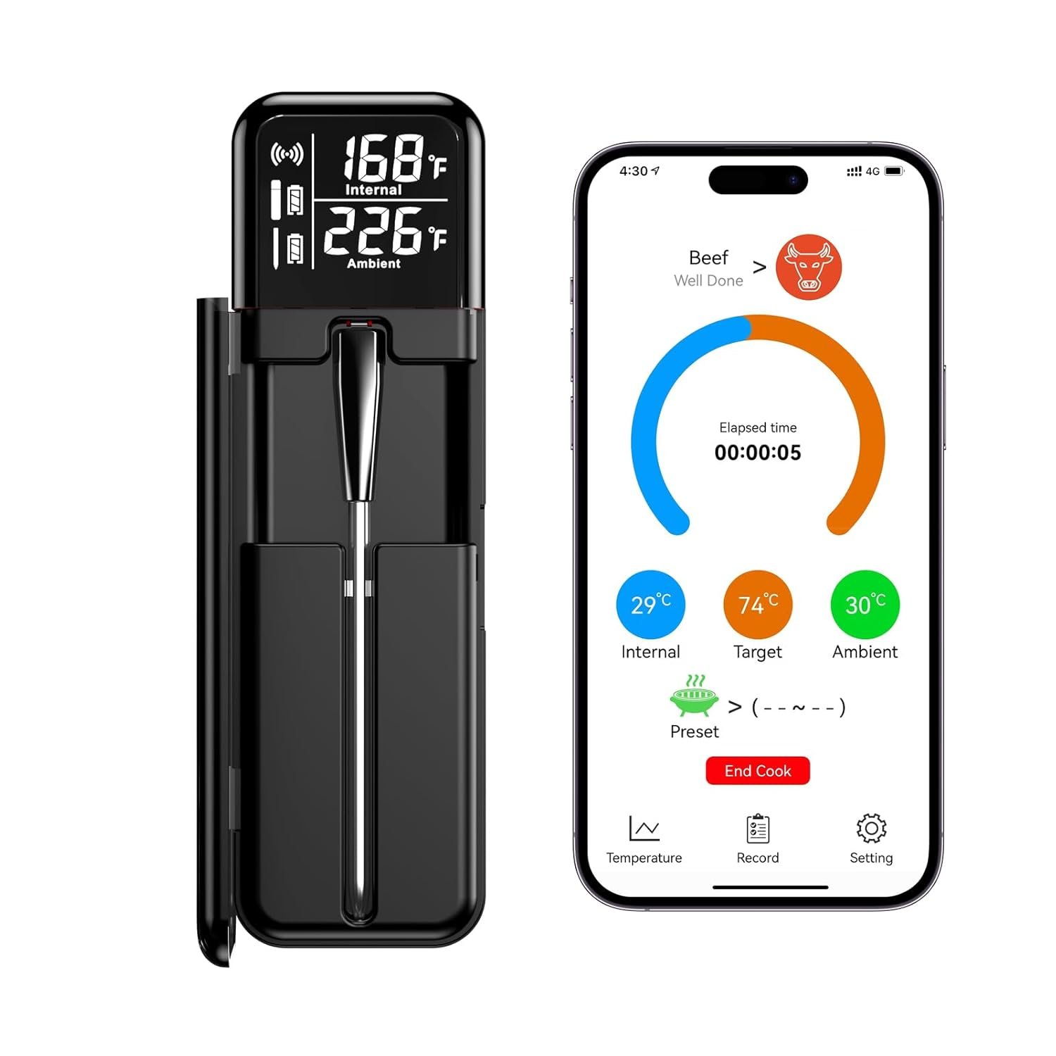 Meat Thermometer Digital，for BBQ, Oven,Smart Wireless Meat Thermometer Grey