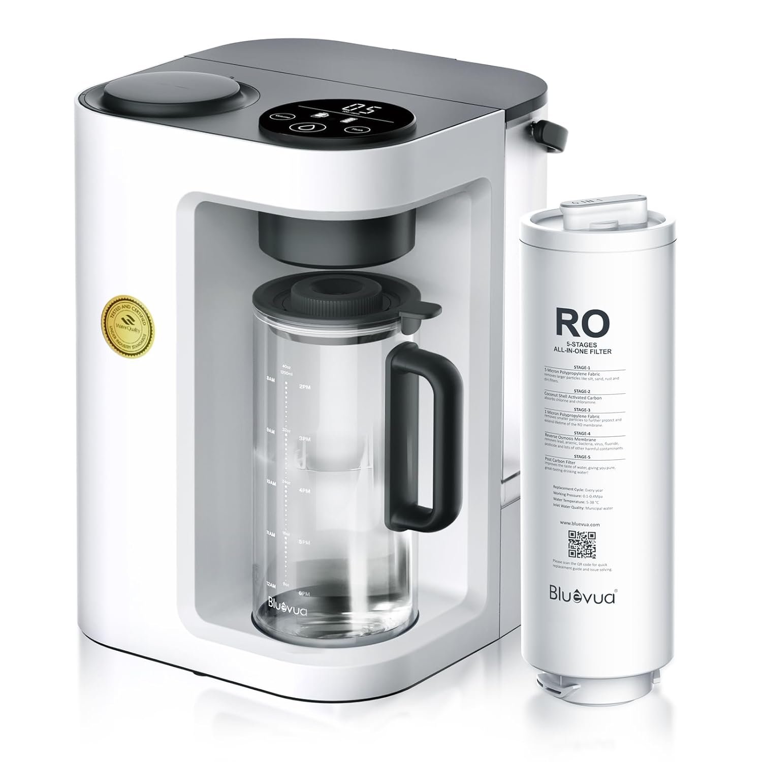 Bluevua RO100ROPOT-Lite Countertop Reverse Osmosis Water Filter System, 3:1 Pure to Drain Ratio, Portable RO Filtration with Remineralization, No Installation, WQA Certified, 6-Stage White