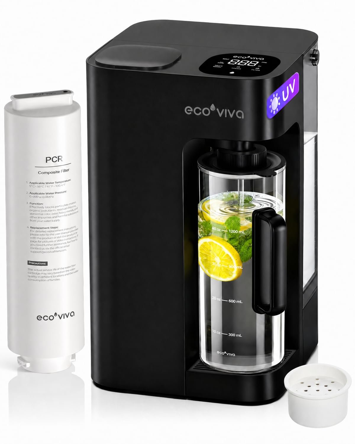 Mate 3 UV Reverse Osmosis Water Filter Countertop, 3:1 Pure to Drain, Smart Autofill Pitcher, No Installation Water Purifier, 8 Stage RO Water Filtration, with Remineralization, Black