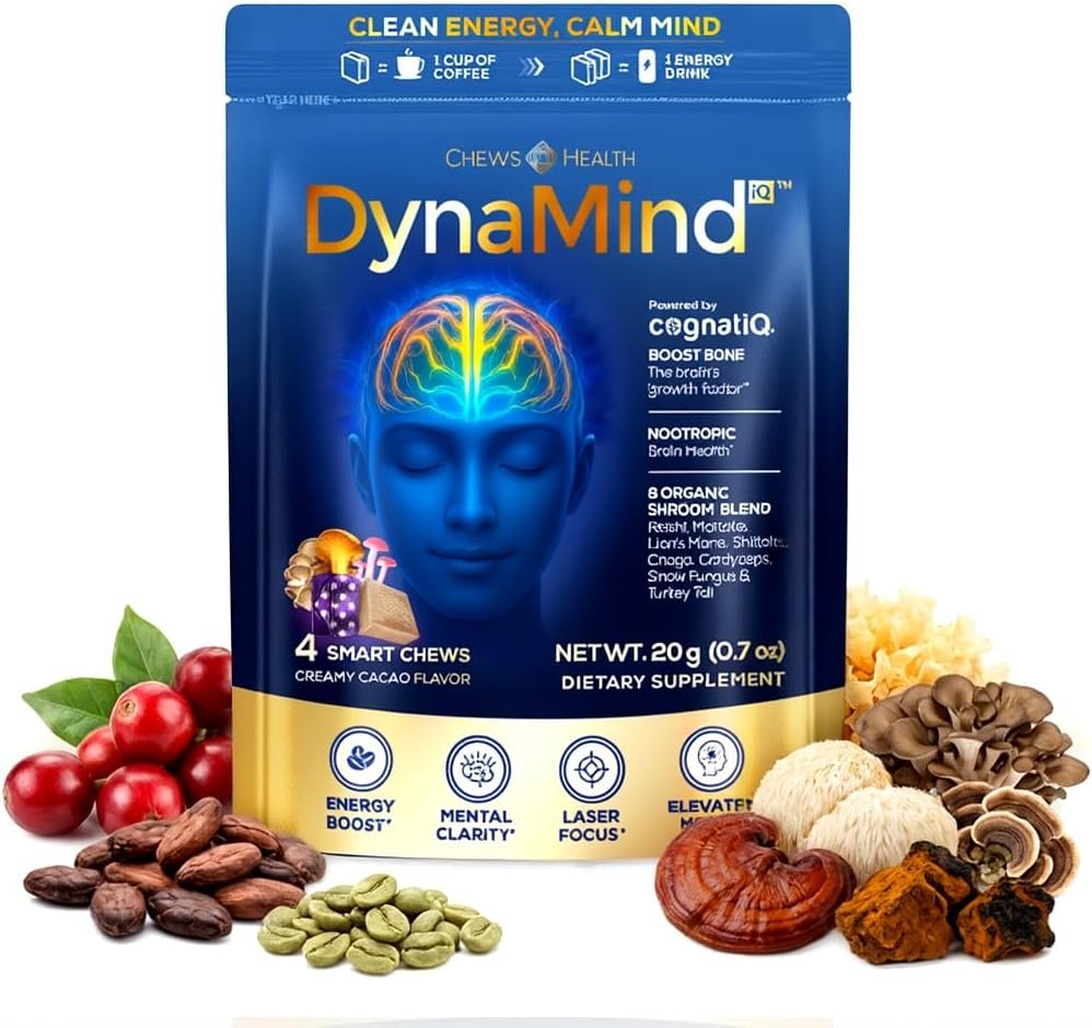 DynaMind iQ Brain Supplement for Memory and Focus for Adults – Nootropic Chews | Coffee Fruit & Mushroom Supplement Blend, Memory Focus Supplement, Caffeine Focus Pills Alternative, 4 Count
