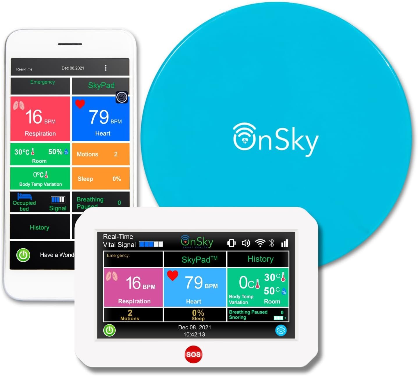 SkyPad FDA-Cleared Contact-Free Heart & Breathing & Sleep Apnea & Seizure Monitor, Adult & Children Home Health Care – Senior & Nursing Home – Remotely Monitor Wellness via app – Emergency Alert Call