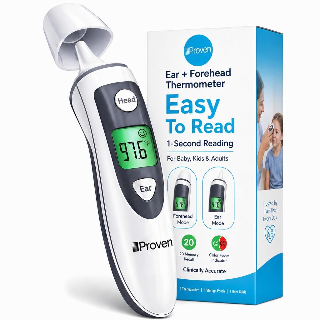 iProven Ear and Forehead Thermometer for Adults Kids and Baby – 2-in-1 Ear and Forehead, 1-Second Readings, Fever Alert Color Indicator, 20 Memory Recall – Family Digital Thermometer for Home Use