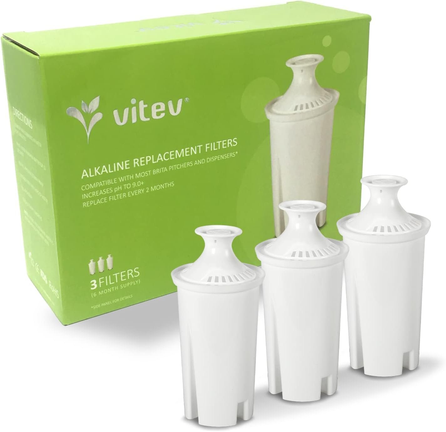 Vitev Alkaline Water Replacement Filter, Fits Brita Pitcher (3-pack)