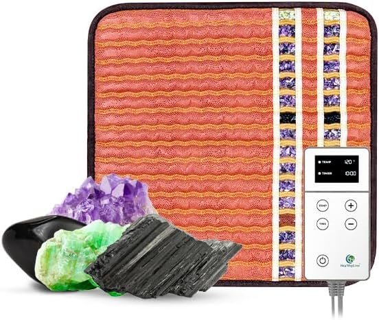 HealthyLine TAO Far Infrared Heating Pad – Small Natural Crystal Gemstones Mat for Back Pain – Electric Auto Shut Off – Rejuvenating Negative Ions Therapy – 18″ x 18″
