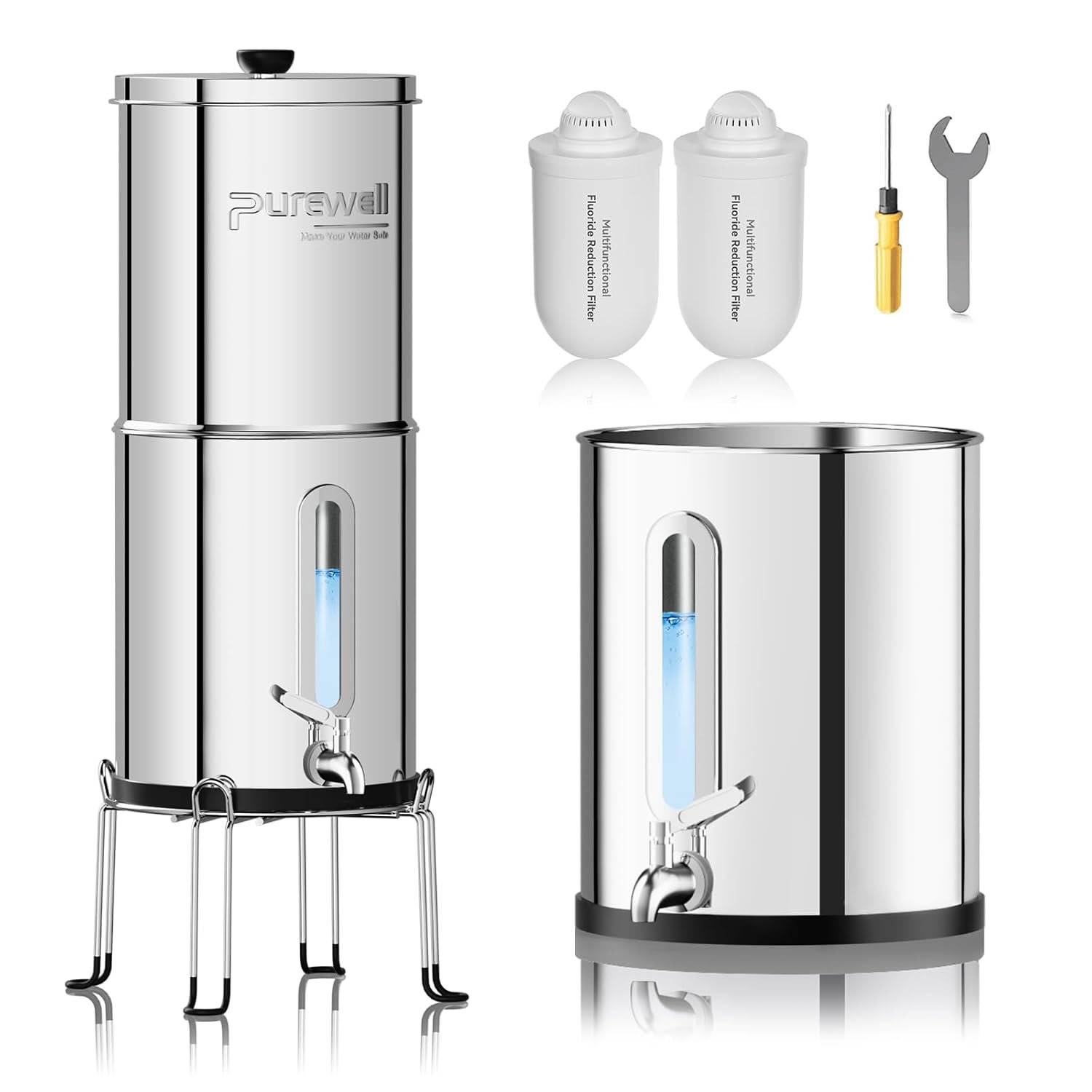 Purewell Upgraded 9-Stage Gravity Water Filter System with Water Level Window, 0.01μm Ultra-Filtration Countertop System with 2 Filters and Stand, Reduce Fluoride & Chlorine, BO-FL-2.25G
