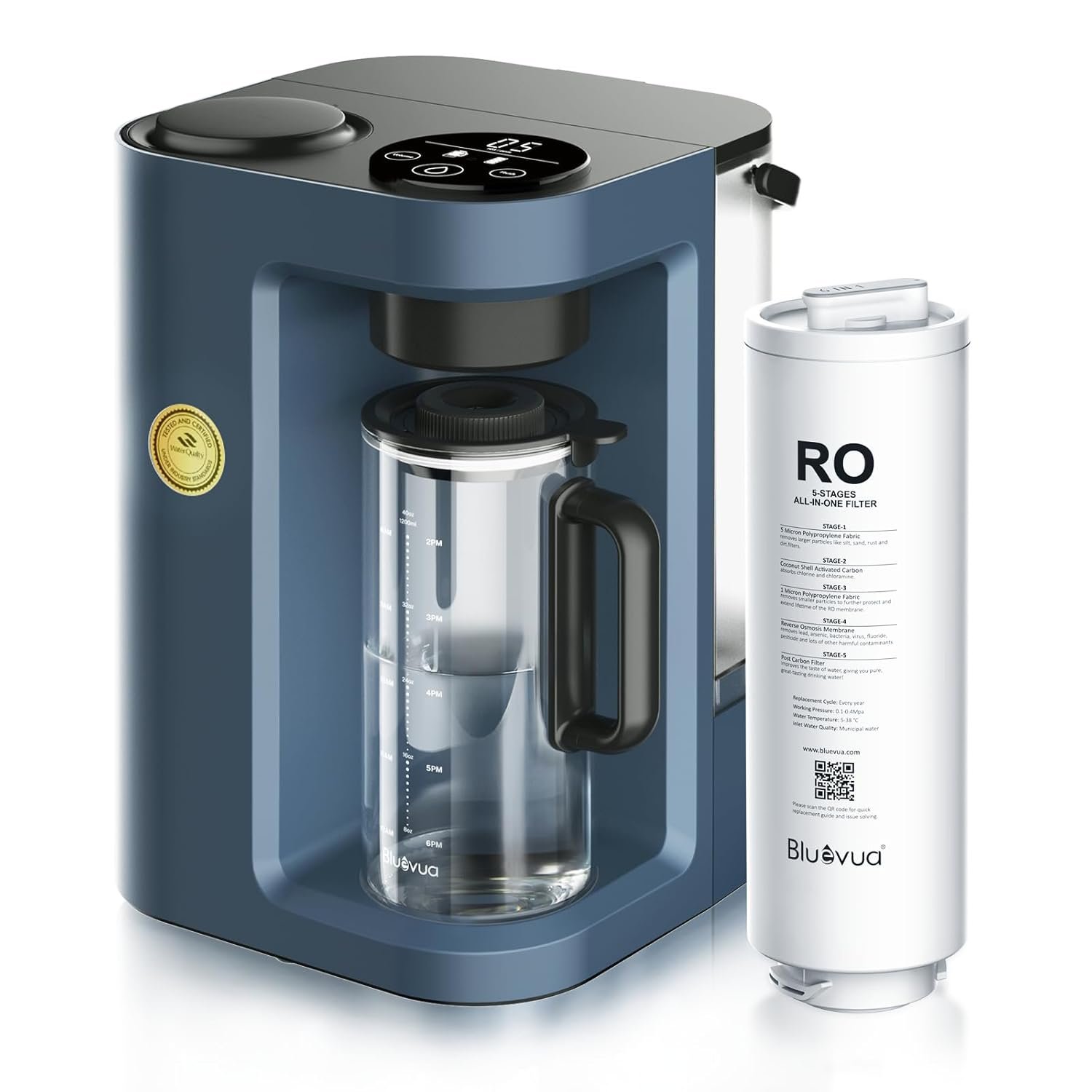 Bluevua RO100ROPOT-Lite Countertop Reverse Osmosis Water Filter System, 3:1 Pure to Drain Ratio, Portable RO Filtration with Remineralization, No Installation, WQA Certified, 6-Stage Blue