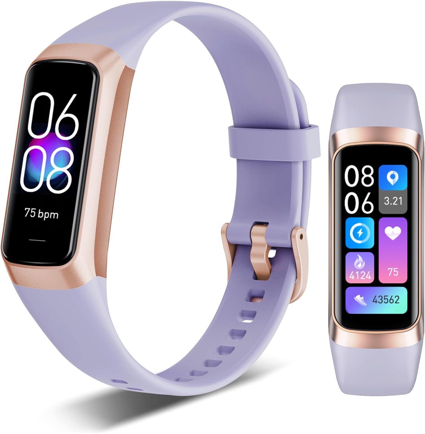 Fitness Tracker, 24/7 Heart Rate Blood Oxygen Blood Pressure Body Temp Monitor Sleep Calorie Tracker with 1.1″ AMOLED Touch Color Screen Pedometer Smart Watch Waterproof for Women Men (Purple)