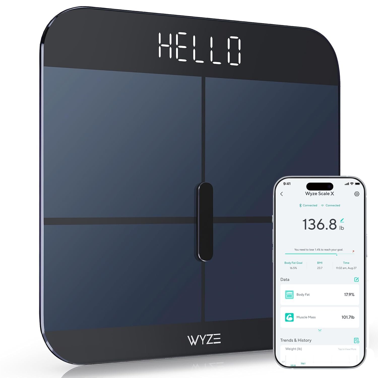 Wyze Smart Scale X – Digital Bathroom Scale for Body Weight, BMI, Body Fat, Muscle Mass, Heart Rate Monitor | Sync with Health Apps | for People, Baby & Pet, 400 lbs (Black)