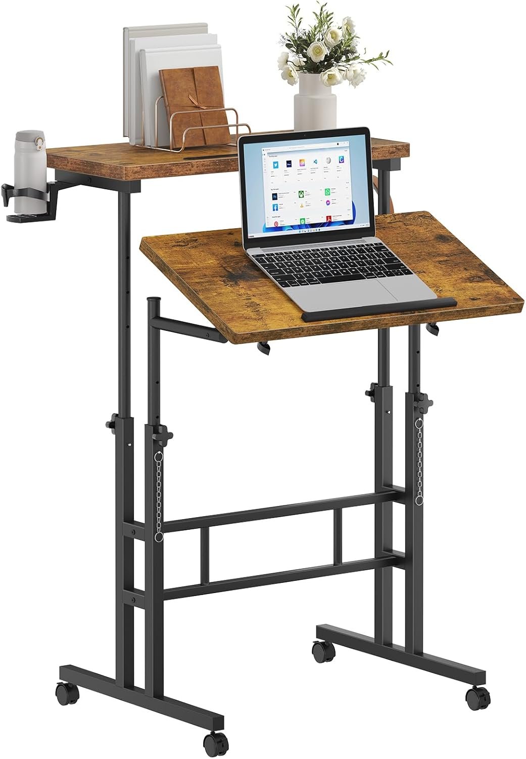Simple Deluxe Split Top Rotating Standing Desk on Wheels – 23.6″ Manual Adjustable Height Mobile Laptop Computer Table – Sit Stand Rolling Workstation with Tilt Function – Brown