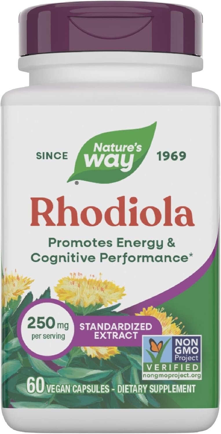Nature’s Way Rhodiola Premium Extract, 250 mg per Serving, Supports Energy & Cognitive Performance*, Adaptogenic Herb*, Non-GMO Project Verified, Vegan, Gluten Free, 60 Capsules (Packaging May Vary)
