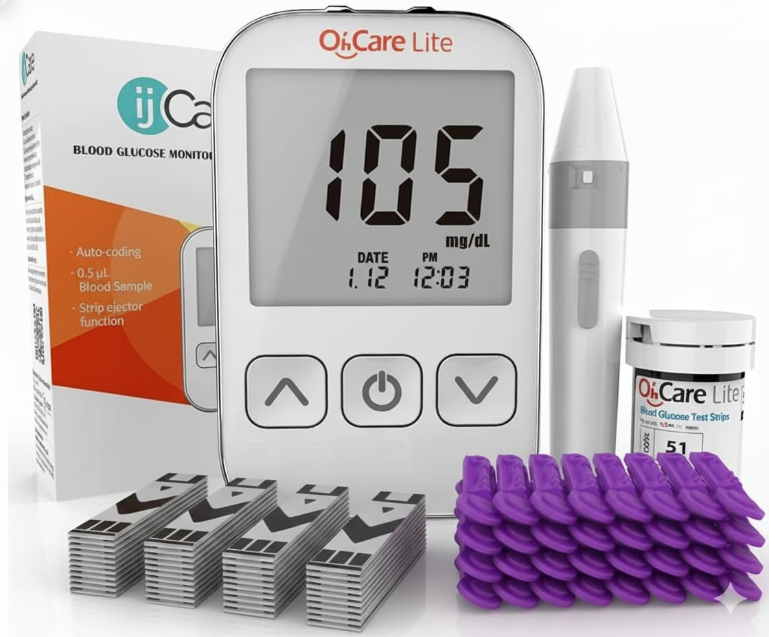 Oh’Care Lite Blood Sugar Test Kit – Blood Glucose Meter with Strips and Lancets, Lancing Device, Log, and Case – One Touch Eject Glucometer (50 Strips & 50 Lancets)