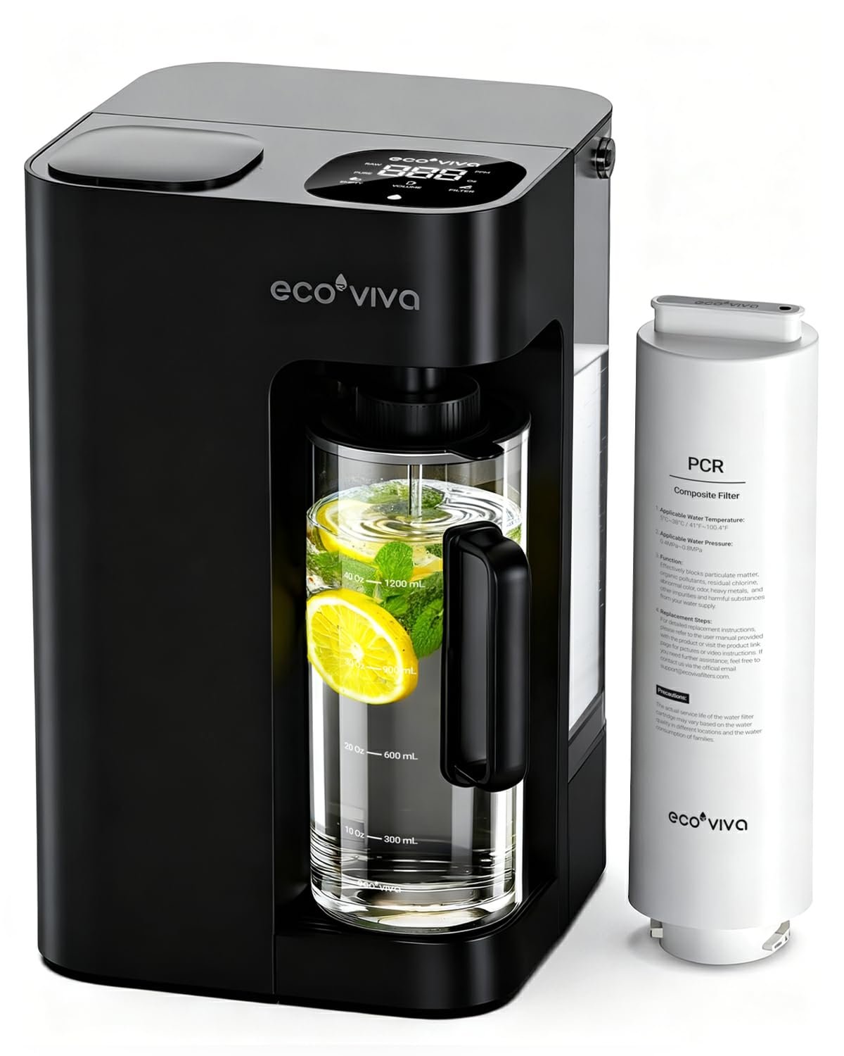 Ecoviva Mate 3 Reverse Osmosis Water Filter Countertop, No Installation, Portable Auto-Filling Pitcher, 3:1 Pure to Drain, 8 Stage RO Water Filtration System Purifier with Remineralization, Black