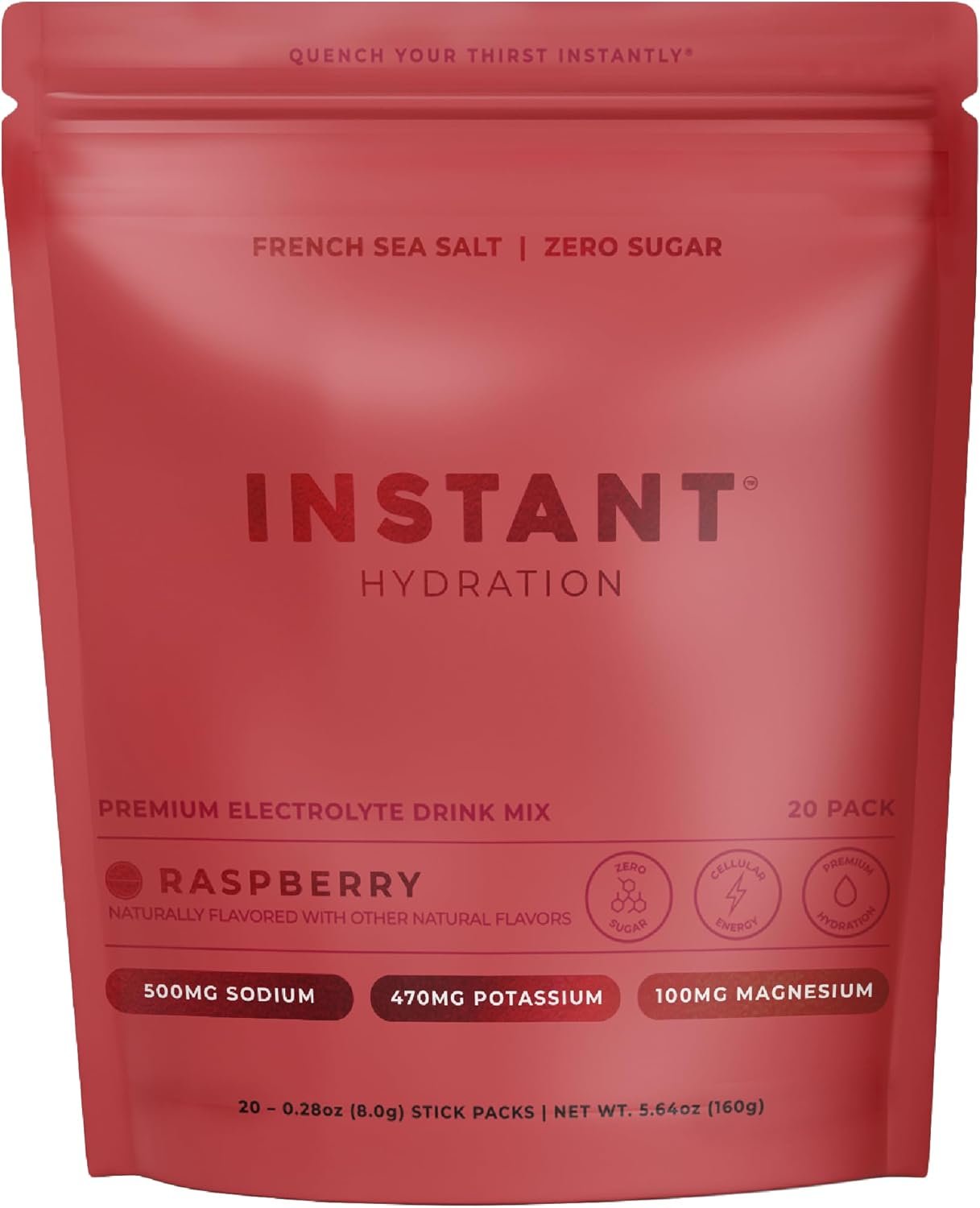 Instant Hydration Sugar Free Electrolytes Powder Packets – Raspberry Electrolyte Drink Mix & Travel Essentials – Post Workout Recovery, Brain Health, Muscle & Tissue Support – 20 Sticks