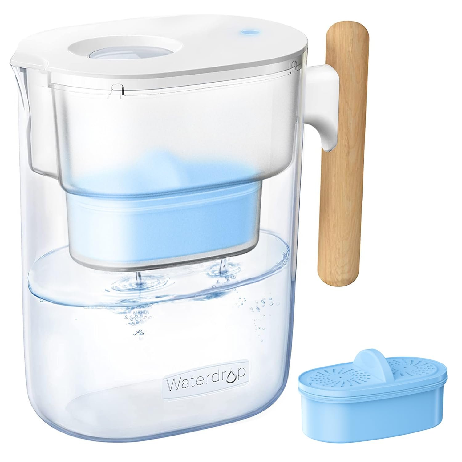 Waterdrop PT-04C-A Alkaline Water Filter Pitcher, 10-Cup Capacity, Healthy, Clean & Toxin-Free Mineralized Alkaline Water, Up to pH 9.5, BPA-Free, 100 Gallons, Sturdy Wooden Handle, Clear