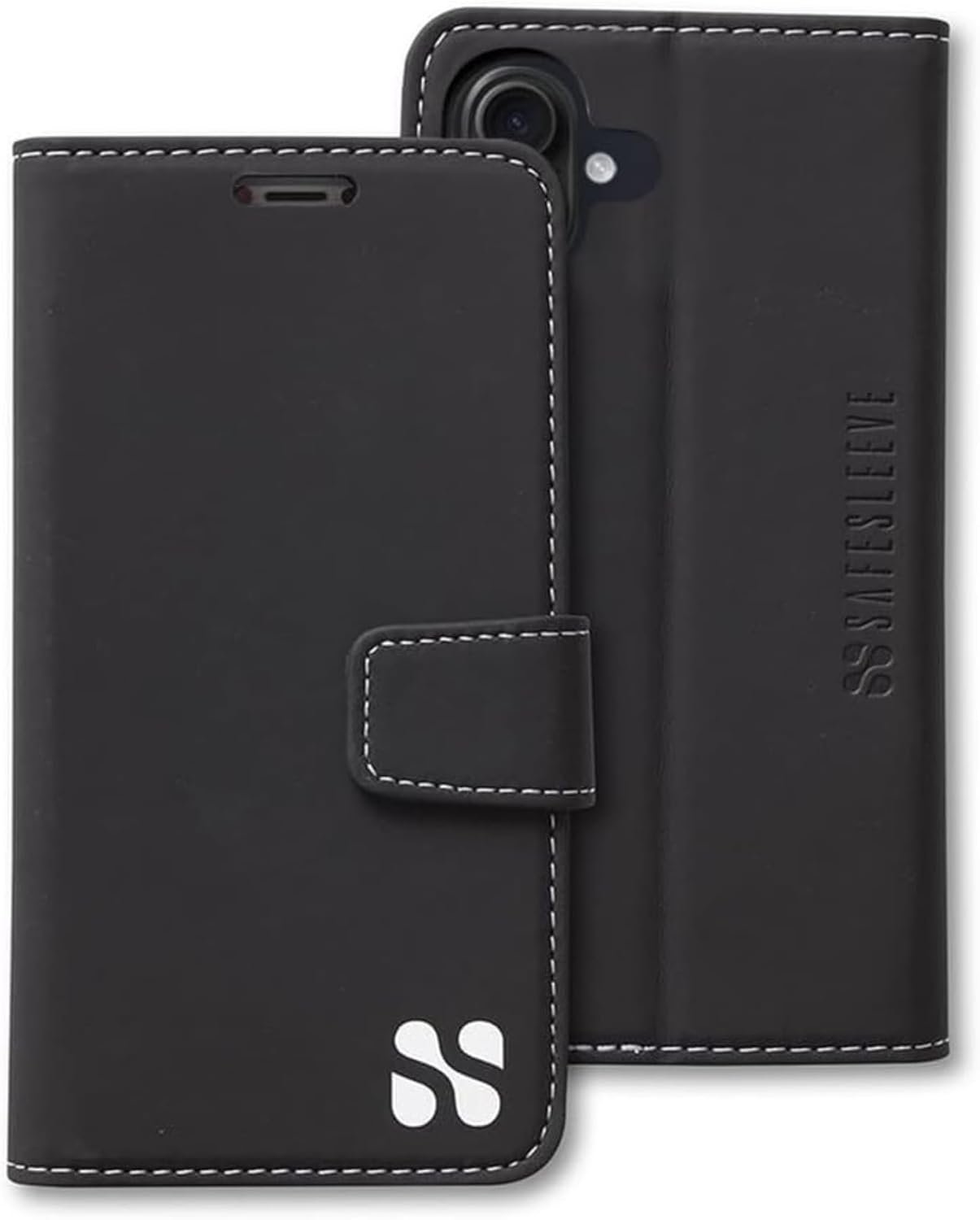 SafeSleeve Wallet Leather Case for iPhone 17 EMF Blocker for Cell Phone with 3 Card Holder & Adjustable Stand – Magnetic Closure, and Magnetic Folio Protection for Daily Use (Black)